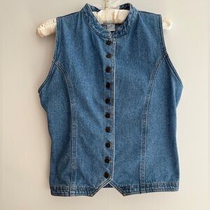VINTAGE Montana Blues Denim Fitted Vest Button Front Stand Up Collar Western